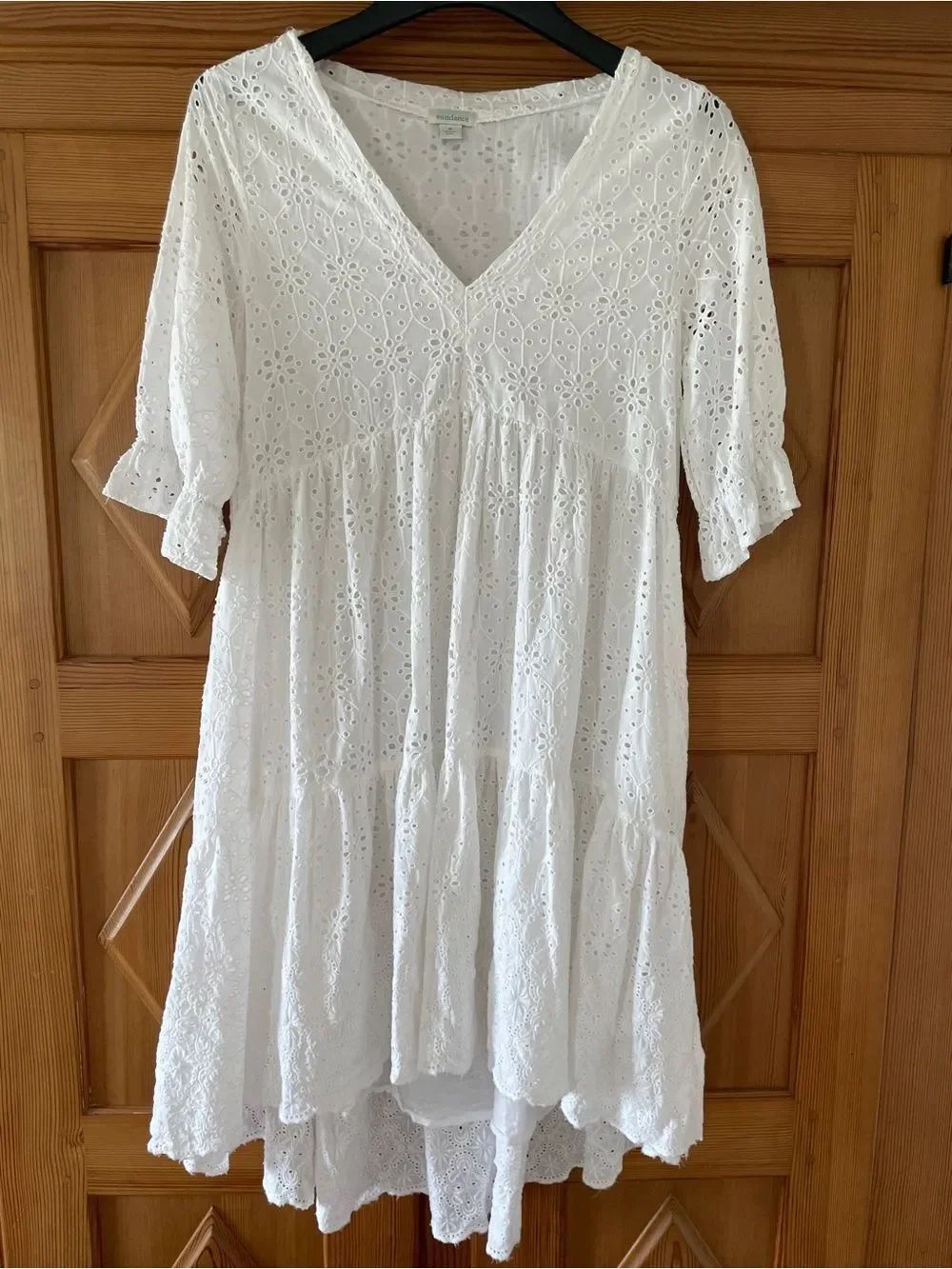 Sundance Women’s White Eyelet Broderie Tiered High- Low Cotton Sun Dress Size M